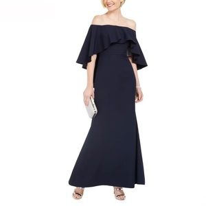 # Vince Camuto Navy Cape Style Off The Shoulder Evening Formal   Gown - Reemoly